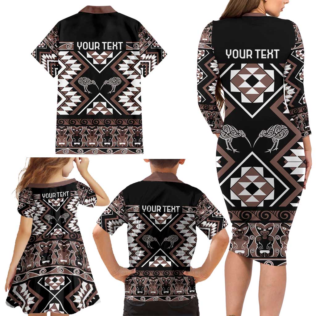 Personalised Taniko Motifs Aotearoa Family Matching Long Sleeve Bodycon Dress and Hawaiian Shirt Waitangi Kowhaiwhai Kiwi - Mocha LT7 - Polynesian Pride