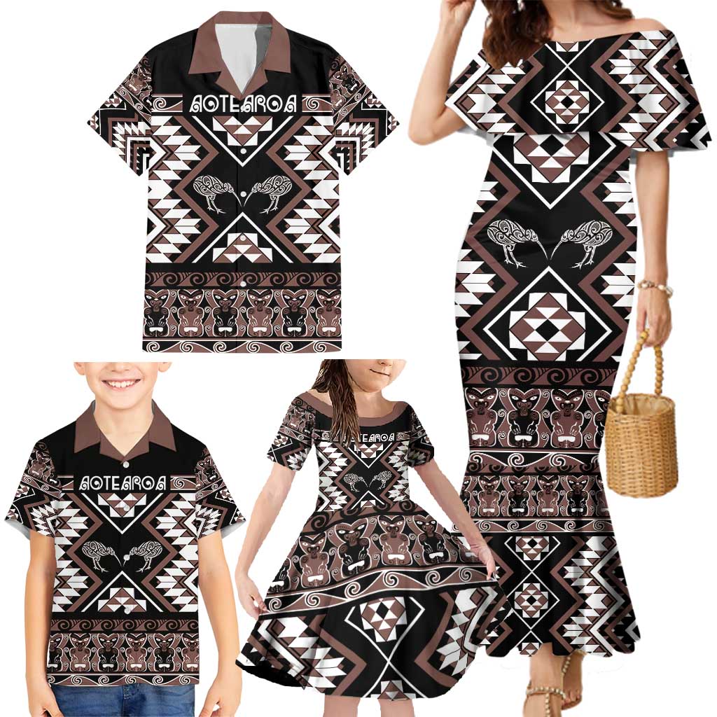 Personalised Taniko Motifs Aotearoa Family Matching Mermaid Dress and Hawaiian Shirt Waitangi Kowhaiwhai Kiwi - Mocha LT7 - Polynesian Pride