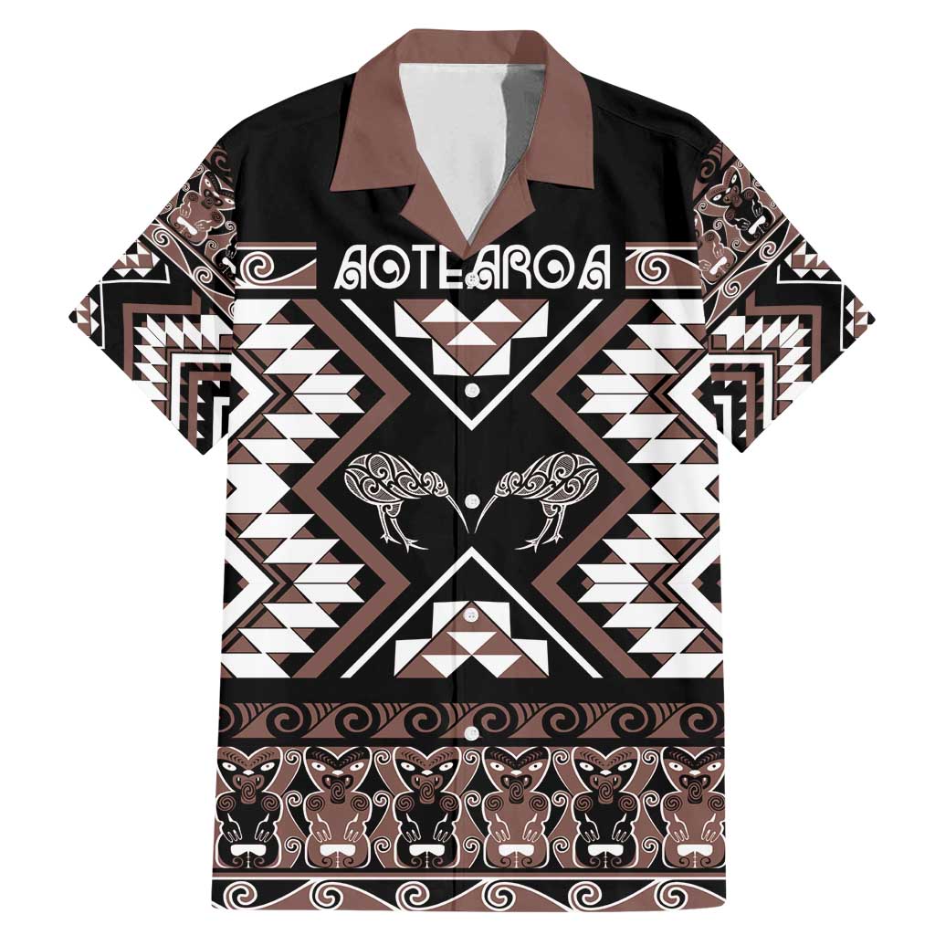 Personalised Taniko Motifs Aotearoa Family Matching Mermaid Dress and Hawaiian Shirt Waitangi Kowhaiwhai Kiwi - Mocha LT7 Dad's Shirt - Short Sleeve Mocha - Polynesian Pride