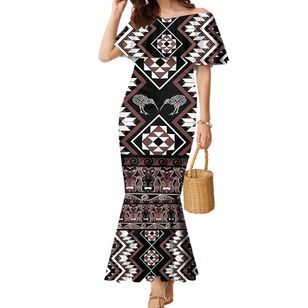 Personalised Taniko Motifs Aotearoa Family Matching Mermaid Dress and Hawaiian Shirt Waitangi Kowhaiwhai Kiwi - Mocha LT7 Mom's Dress Mocha - Polynesian Pride