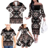 Personalised Taniko Motifs Aotearoa Family Matching Off The Shoulder Long Sleeve Dress and Hawaiian Shirt Waitangi Kowhaiwhai Kiwi - Mocha LT7 - Polynesian Pride