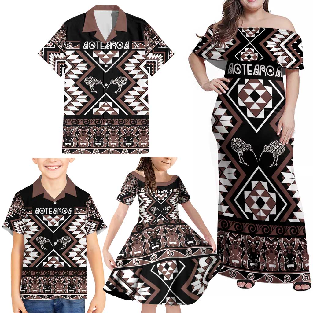 Personalised Taniko Motifs Aotearoa Family Matching Off Shoulder Maxi Dress and Hawaiian Shirt Waitangi Kowhaiwhai Kiwi - Mocha LT7 - Polynesian Pride