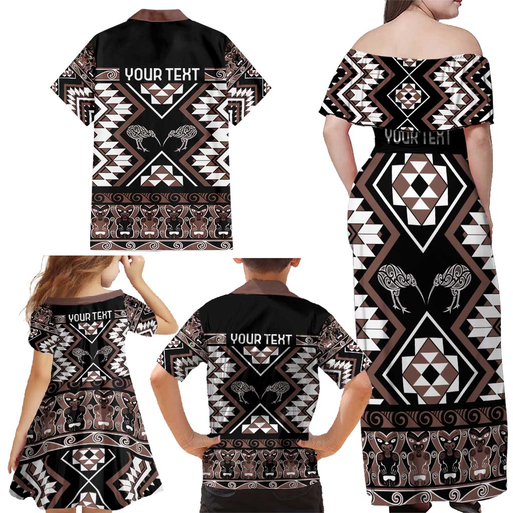 Personalised Taniko Motifs Aotearoa Family Matching Off Shoulder Maxi Dress and Hawaiian Shirt Waitangi Kowhaiwhai Kiwi - Mocha LT7 - Polynesian Pride