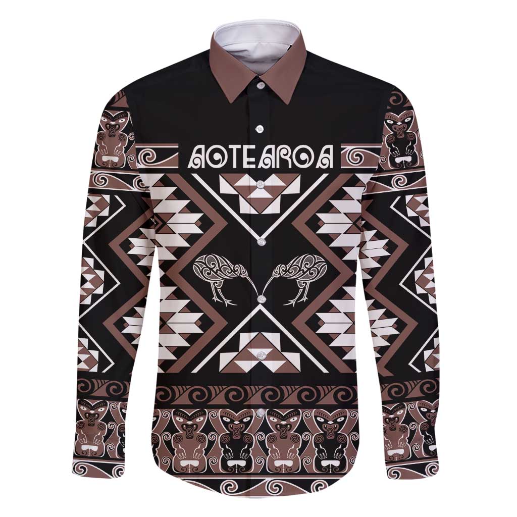 Personalised Taniko Motifs Aotearoa Family Matching Off Shoulder Maxi Dress and Hawaiian Shirt Waitangi Kowhaiwhai Kiwi - Mocha LT7 Dad's Shirt - Long Sleeve Mocha - Polynesian Pride