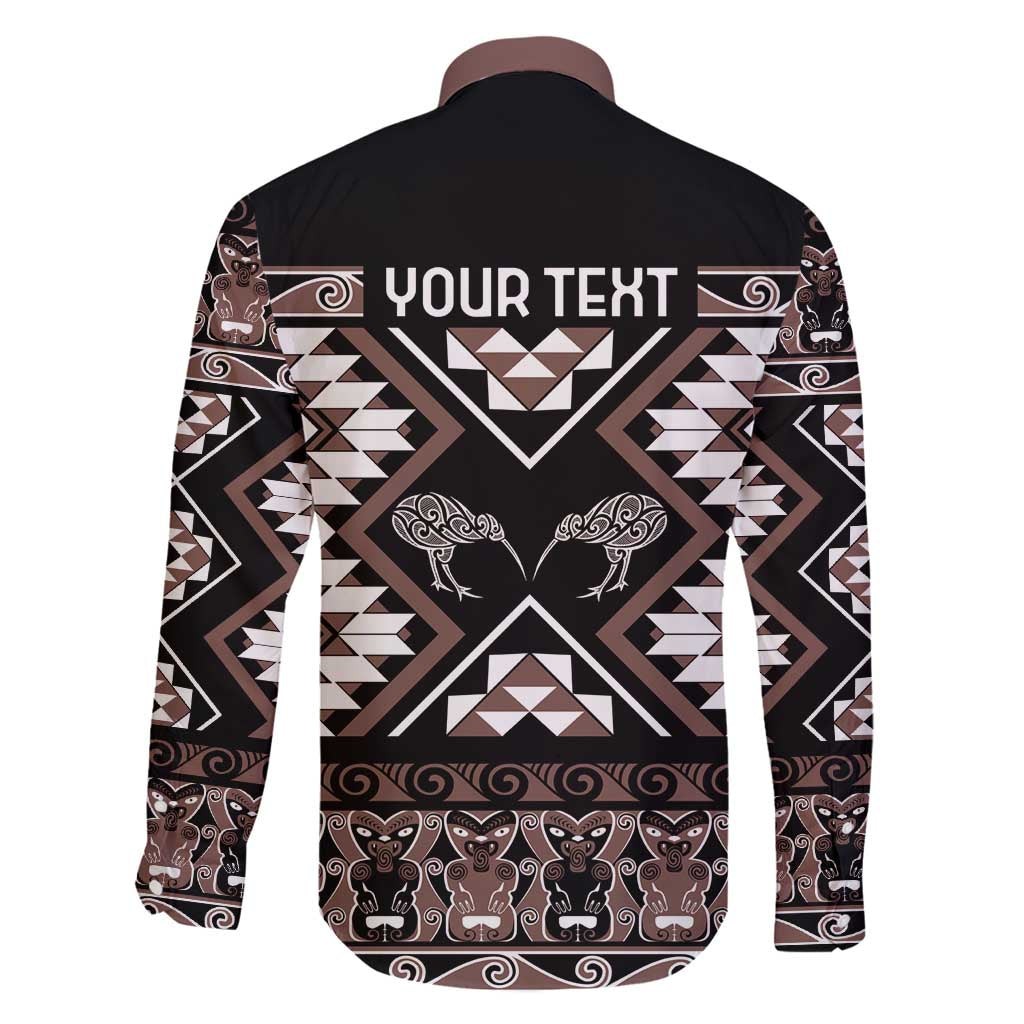Personalised Taniko Motifs Aotearoa Family Matching Off Shoulder Maxi Dress and Hawaiian Shirt Waitangi Kowhaiwhai Kiwi - Mocha LT7 - Polynesian Pride
