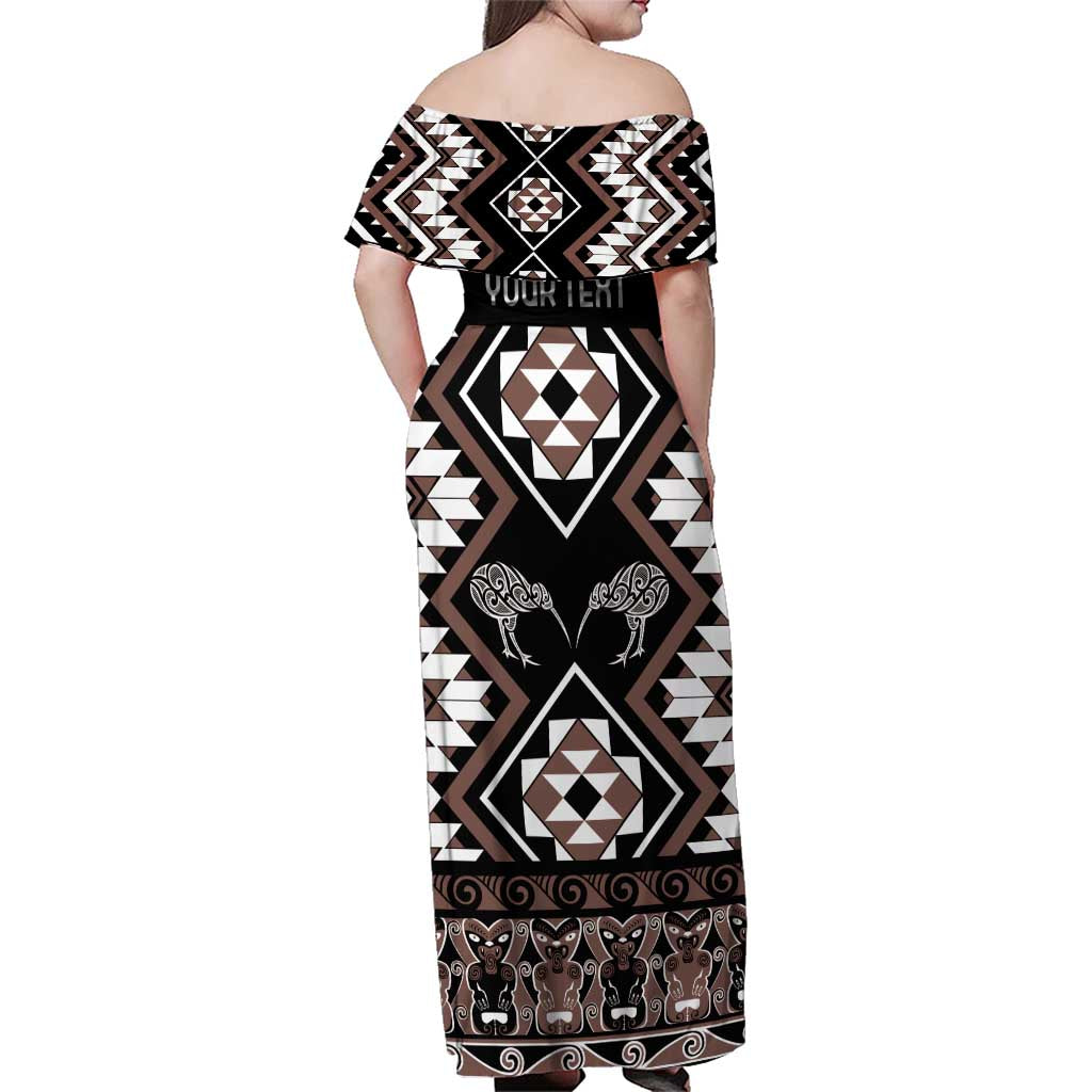 Personalised Taniko Motifs Aotearoa Family Matching Off Shoulder Maxi Dress and Hawaiian Shirt Waitangi Kowhaiwhai Kiwi - Mocha LT7 - Polynesian Pride