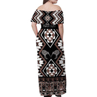 Personalised Taniko Motifs Aotearoa Family Matching Off Shoulder Maxi Dress and Hawaiian Shirt Waitangi Kowhaiwhai Kiwi - Mocha LT7 - Polynesian Pride