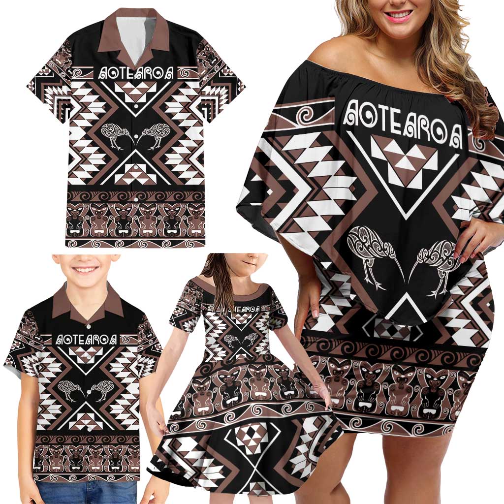 Personalised Taniko Motifs Aotearoa Family Matching Off Shoulder Short Dress and Hawaiian Shirt Waitangi Kowhaiwhai Kiwi - Mocha LT7 - Polynesian Pride