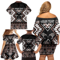 Personalised Taniko Motifs Aotearoa Family Matching Off Shoulder Short Dress and Hawaiian Shirt Waitangi Kowhaiwhai Kiwi - Mocha LT7 - Polynesian Pride