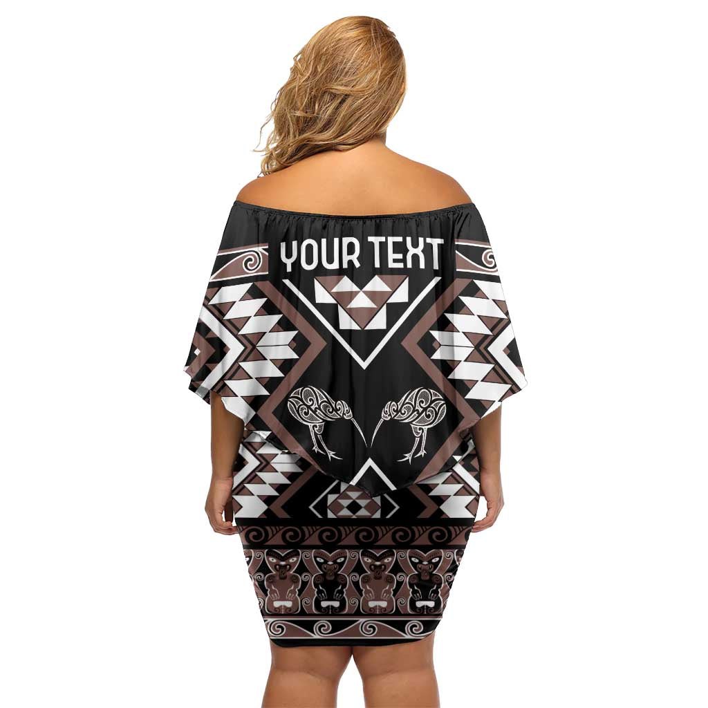 Personalised Taniko Motifs Aotearoa Family Matching Off Shoulder Short Dress and Hawaiian Shirt Waitangi Kowhaiwhai Kiwi - Mocha LT7 - Polynesian Pride
