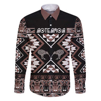 Personalised Taniko Motifs Aotearoa Family Matching Puletasi and Hawaiian Shirt Waitangi Kowhaiwhai Kiwi - Mocha LT7 Dad's Shirt - Long Sleeve Mocha - Polynesian Pride