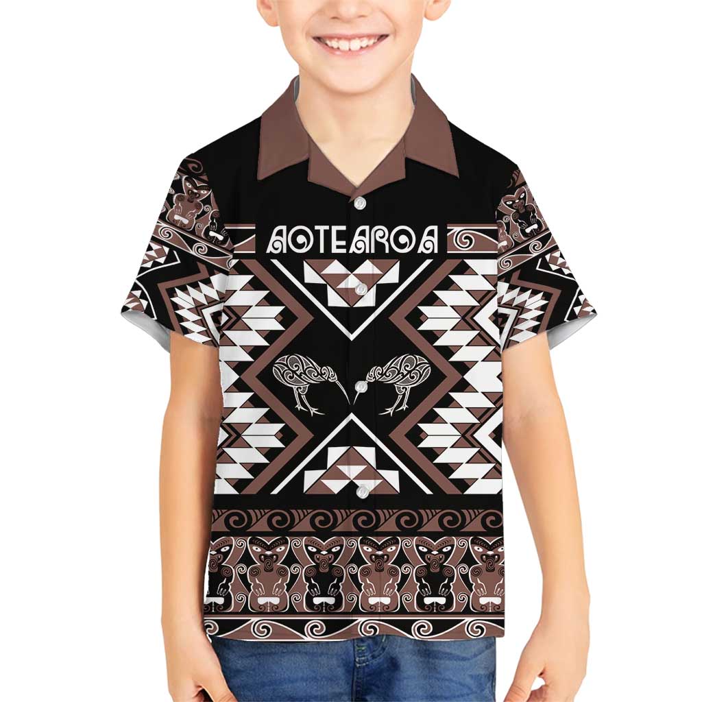 Personalised Taniko Motifs Aotearoa Family Matching Puletasi and Hawaiian Shirt Waitangi Kowhaiwhai Kiwi - Mocha LT7 Son's Shirt Mocha - Polynesian Pride