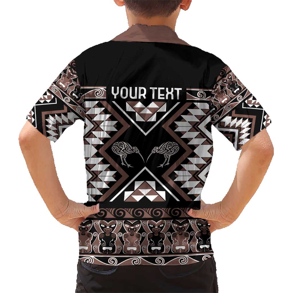 Personalised Taniko Motifs Aotearoa Family Matching Short Sleeve Bodycon Dress and Hawaiian Shirt Waitangi Kowhaiwhai Kiwi - Mocha LT7 - Polynesian Pride