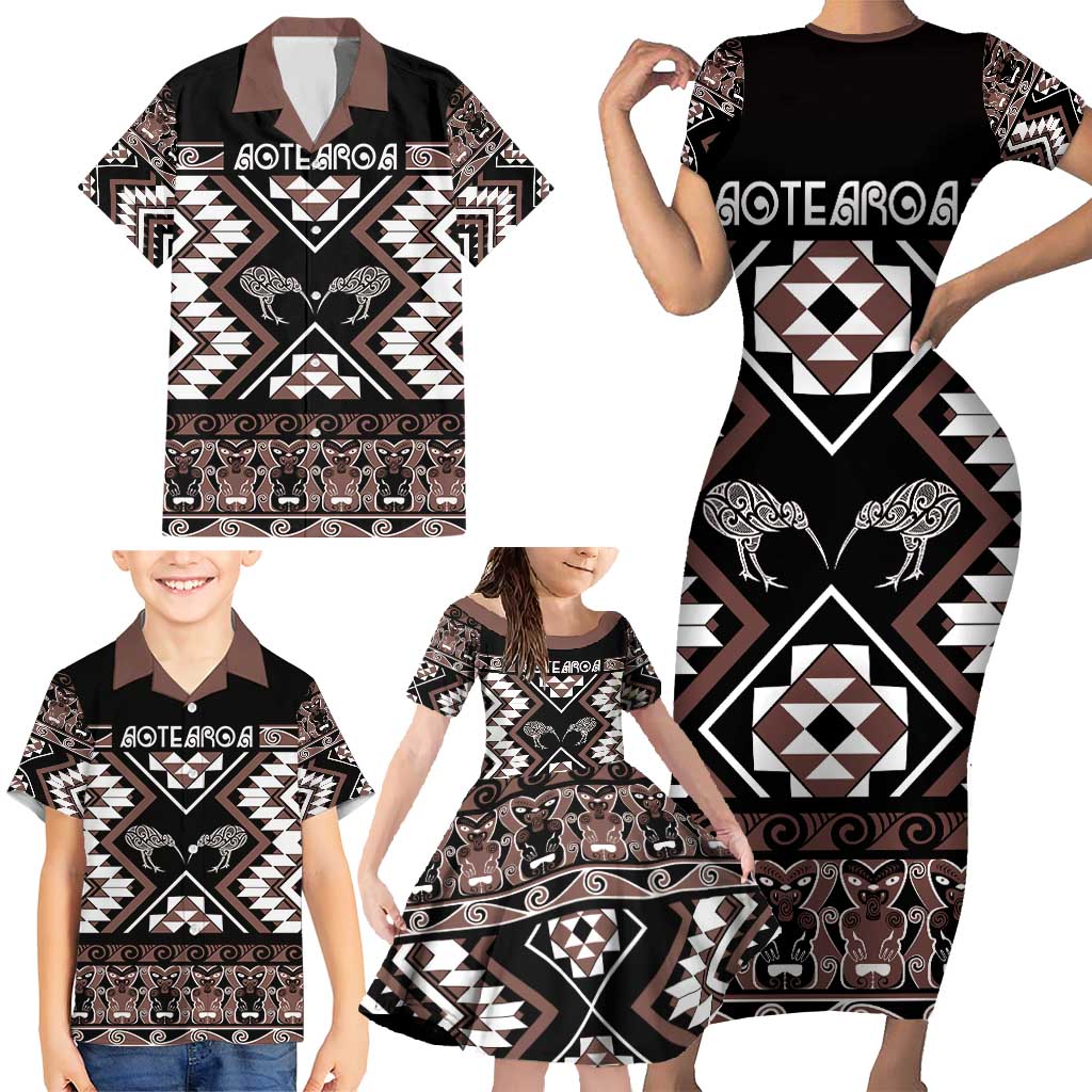 Personalised Taniko Motifs Aotearoa Family Matching Short Sleeve Bodycon Dress and Hawaiian Shirt Waitangi Kowhaiwhai Kiwi - Mocha LT7 - Polynesian Pride