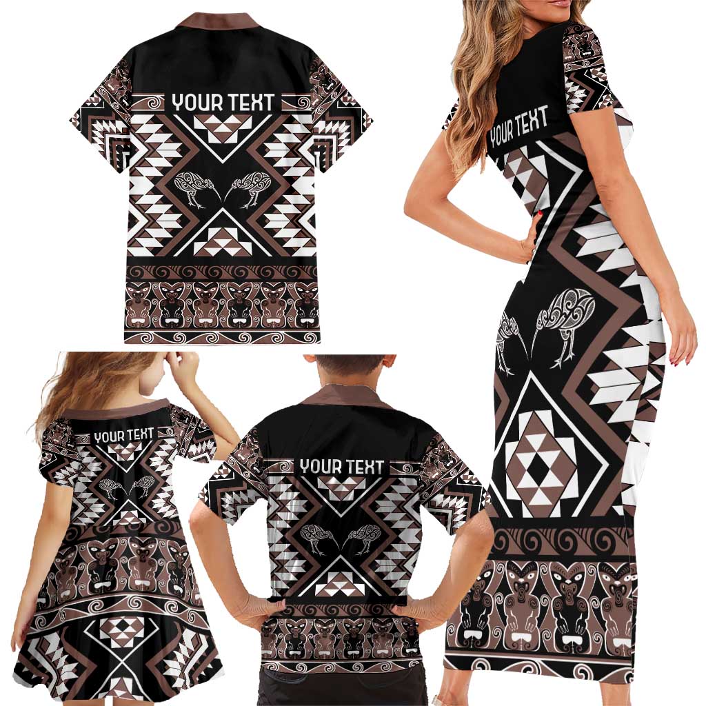 Personalised Taniko Motifs Aotearoa Family Matching Short Sleeve Bodycon Dress and Hawaiian Shirt Waitangi Kowhaiwhai Kiwi - Mocha LT7 - Polynesian Pride