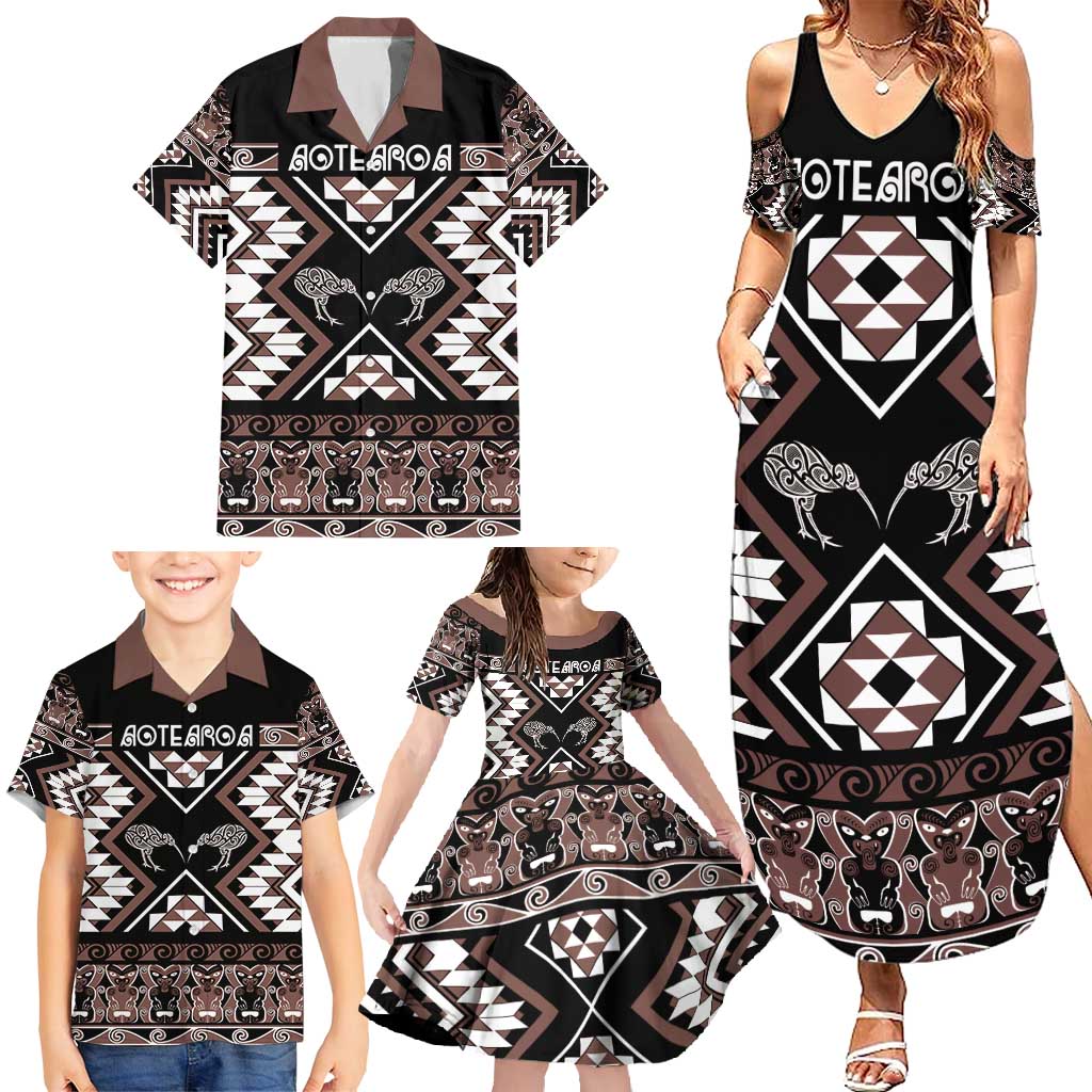 Personalised Taniko Motifs Aotearoa Family Matching Summer Maxi Dress and Hawaiian Shirt Waitangi Kowhaiwhai Kiwi - Mocha LT7 - Polynesian Pride