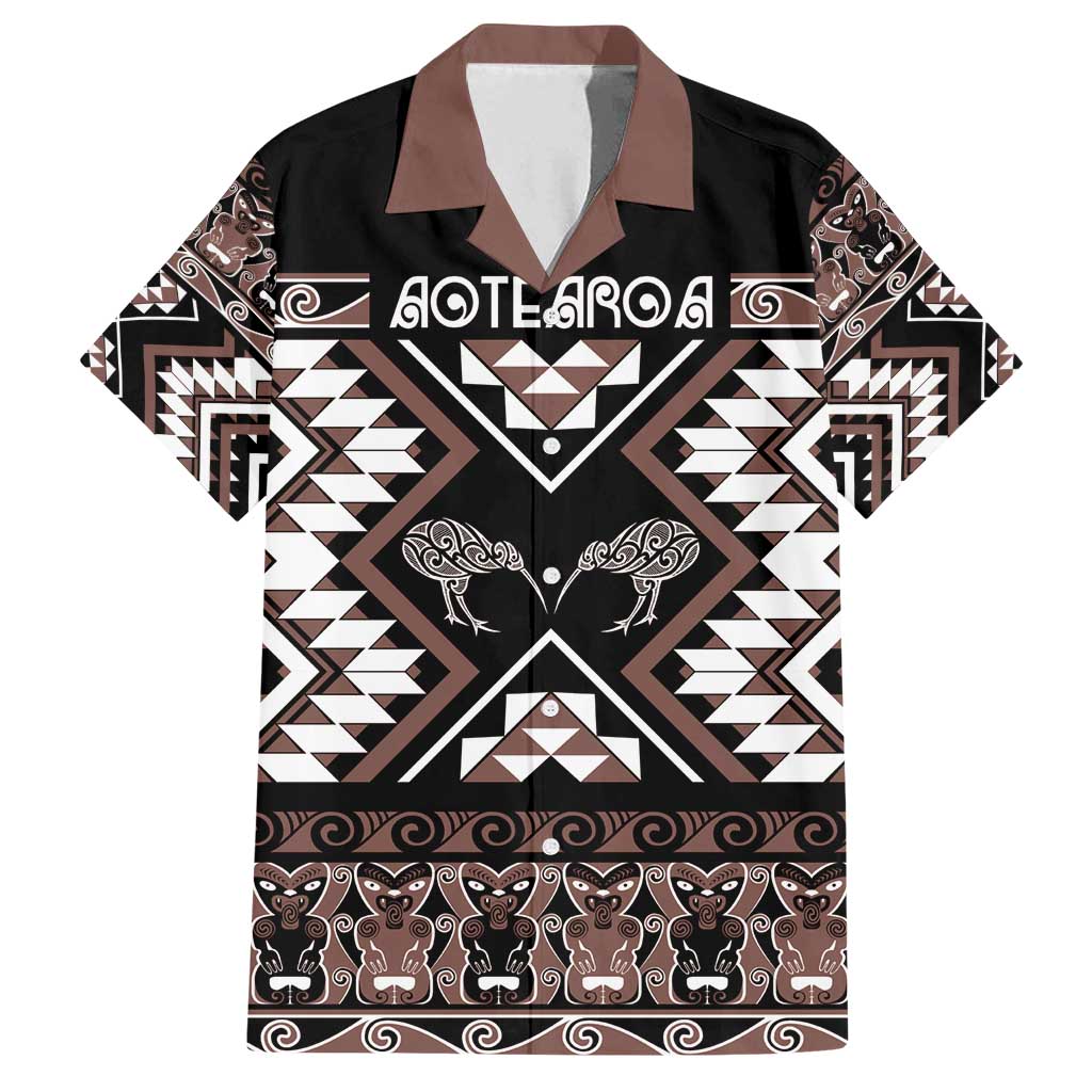 Personalised Taniko Motifs Aotearoa Family Matching Summer Maxi Dress and Hawaiian Shirt Waitangi Kowhaiwhai Kiwi - Mocha LT7 Dad's Shirt - Short Sleeve Mocha - Polynesian Pride