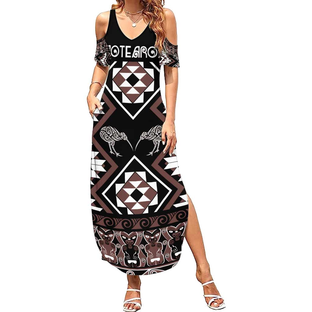 Personalised Taniko Motifs Aotearoa Family Matching Summer Maxi Dress and Hawaiian Shirt Waitangi Kowhaiwhai Kiwi - Mocha LT7 Mom's Dress Mocha - Polynesian Pride
