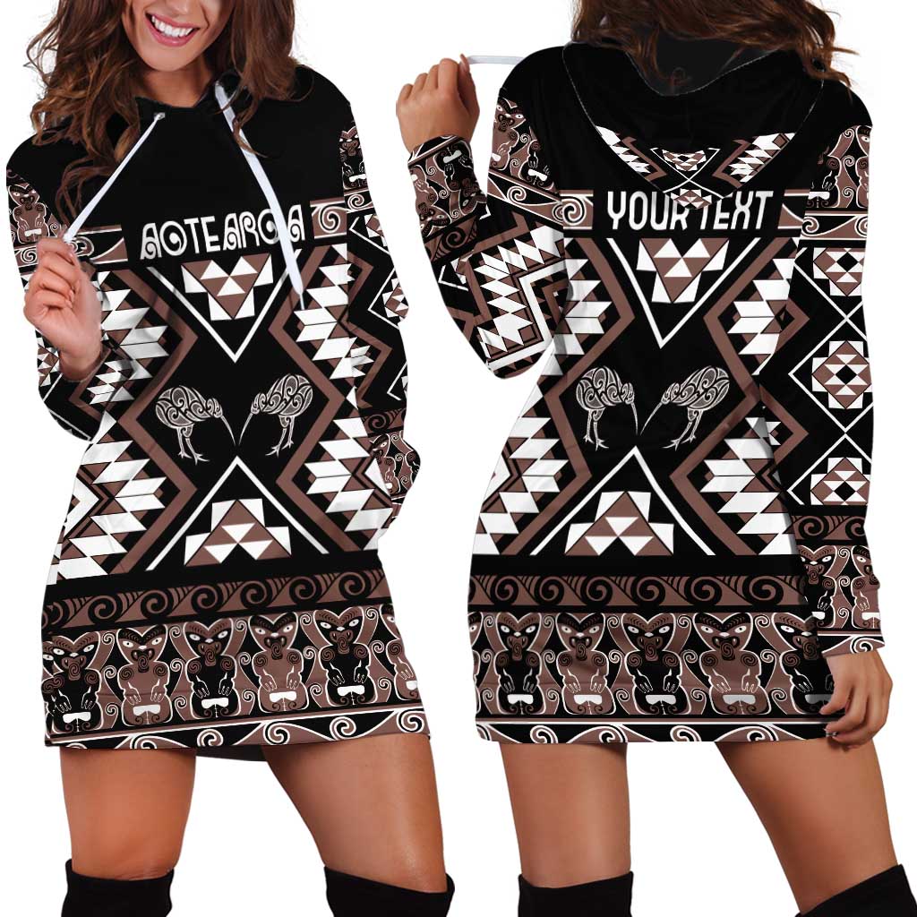Personalised Taniko Motifs Aotearoa Hoodie Dress Waitangi Kowhaiwhai Kiwi - Mocha LT7 - Polynesian Pride