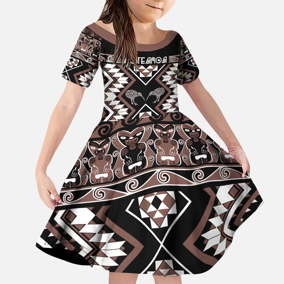 Personalised Taniko Motifs Aotearoa Kid Short Sleeve Dress Waitangi Kowhaiwhai Kiwi - Mocha LT7 KID Mocha - Polynesian Pride
