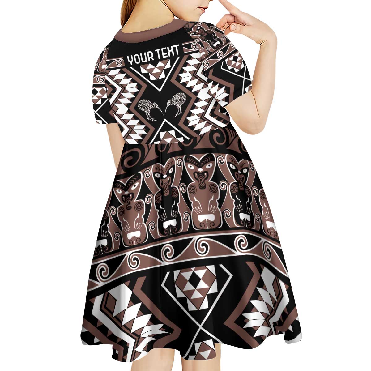 Personalised Taniko Motifs Aotearoa Kid Short Sleeve Dress Waitangi Kowhaiwhai Kiwi - Mocha LT7 - Polynesian Pride