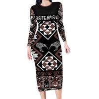 Personalised Taniko Motifs Aotearoa Long Sleeve Bodycon Dress Waitangi Kowhaiwhai Kiwi - Mocha LT7 Long Dress Mocha - Polynesian Pride