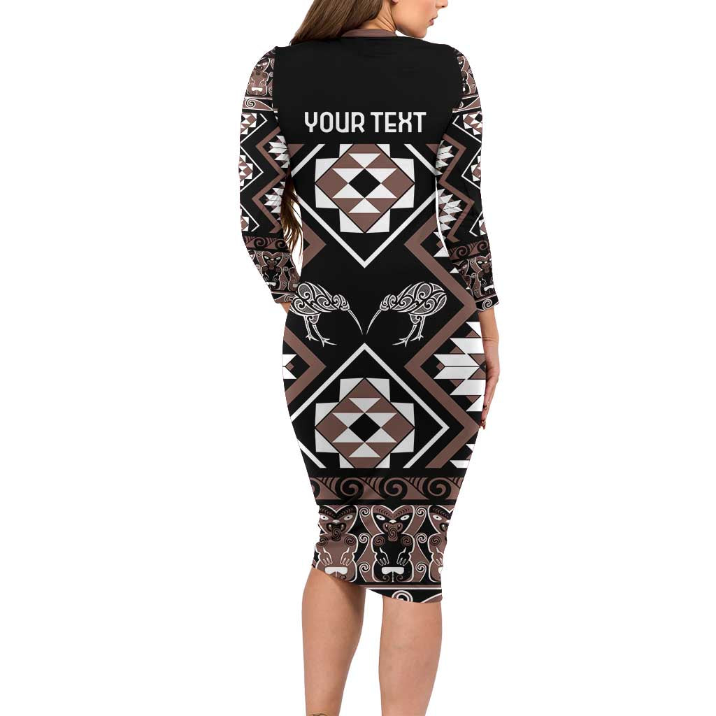 Personalised Taniko Motifs Aotearoa Long Sleeve Bodycon Dress Waitangi Kowhaiwhai Kiwi - Mocha LT7 - Polynesian Pride