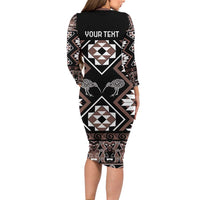 Personalised Taniko Motifs Aotearoa Long Sleeve Bodycon Dress Waitangi Kowhaiwhai Kiwi - Mocha LT7 - Polynesian Pride