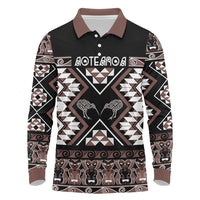 Personalised Taniko Motifs Aotearoa Long Sleeve Polo Shirt Waitangi Kowhaiwhai Kiwi - Mocha LT7 Mocha - Polynesian Pride