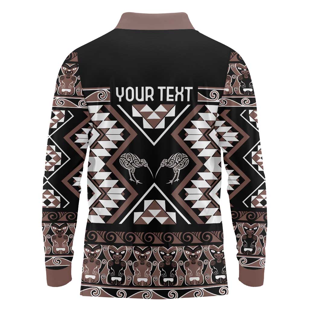 Personalised Taniko Motifs Aotearoa Long Sleeve Polo Shirt Waitangi Kowhaiwhai Kiwi - Mocha LT7 - Polynesian Pride