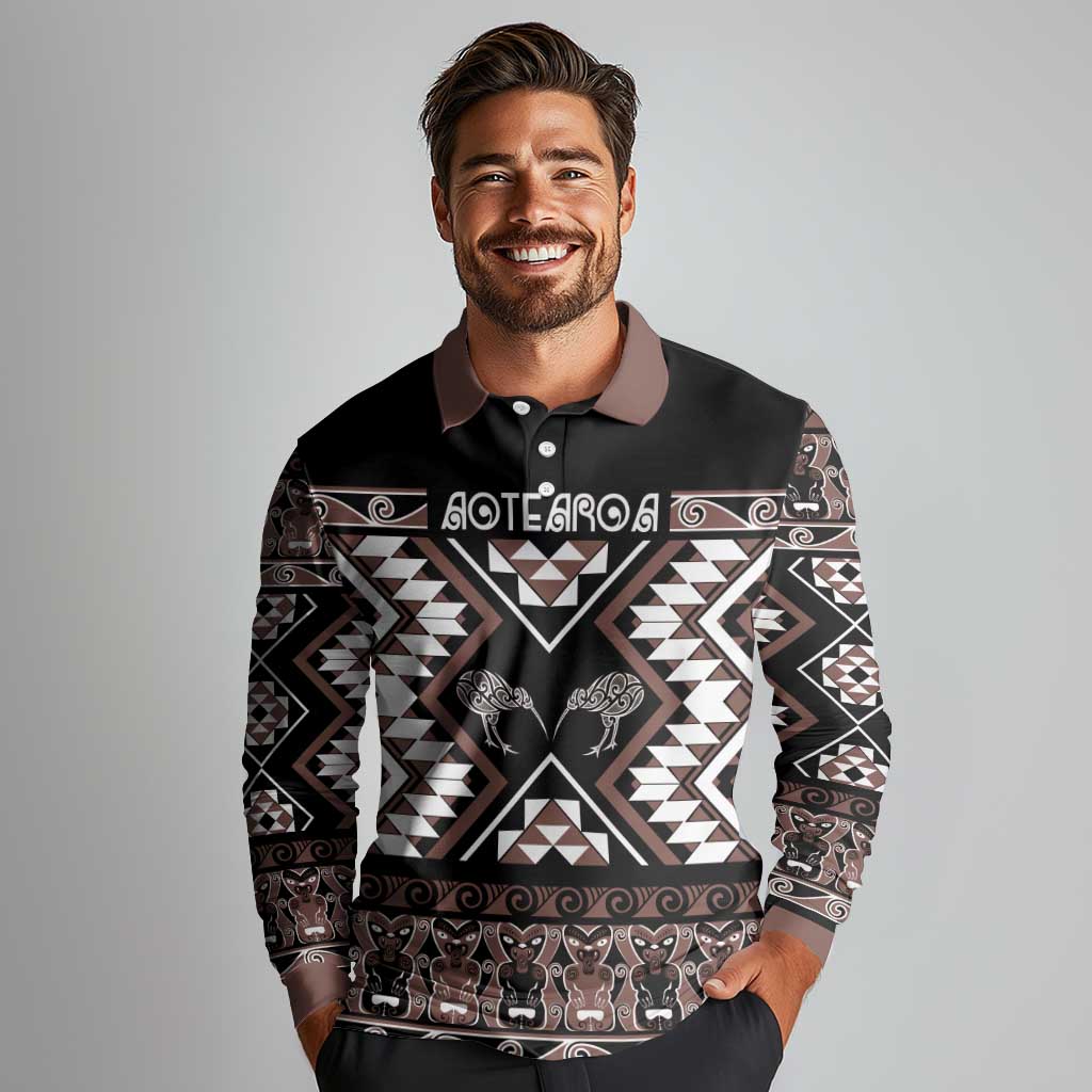 Personalised Taniko Motifs Aotearoa Long Sleeve Polo Shirt Waitangi Kowhaiwhai Kiwi - Mocha LT7 - Polynesian Pride
