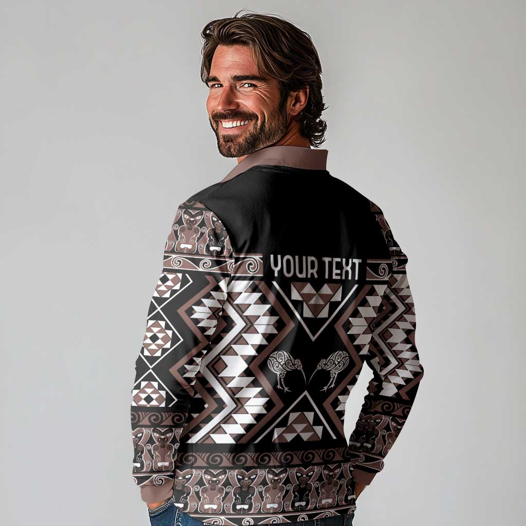 Personalised Taniko Motifs Aotearoa Long Sleeve Polo Shirt Waitangi Kowhaiwhai Kiwi - Mocha LT7 - Polynesian Pride