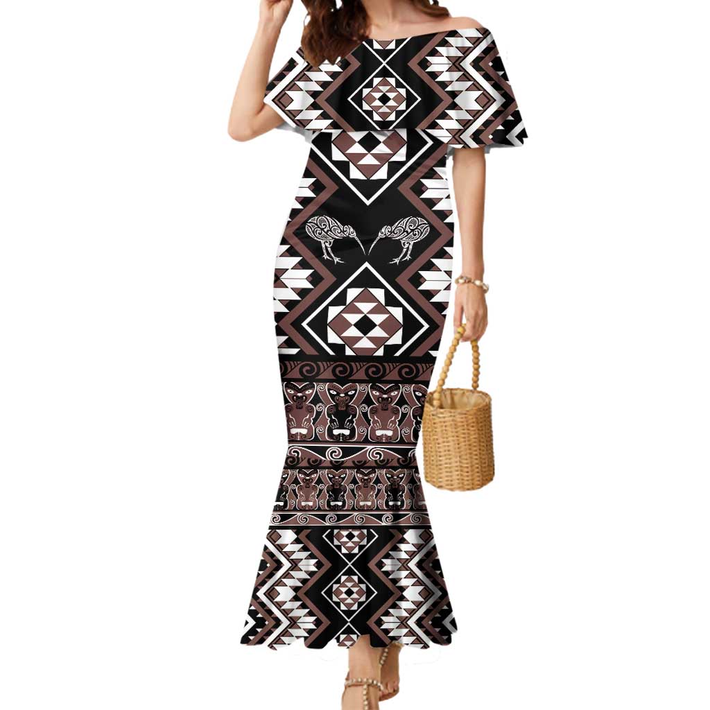 Personalised Taniko Motifs Aotearoa Mermaid Dress Waitangi Kowhaiwhai Kiwi - Mocha LT7 Women Mocha - Polynesian Pride