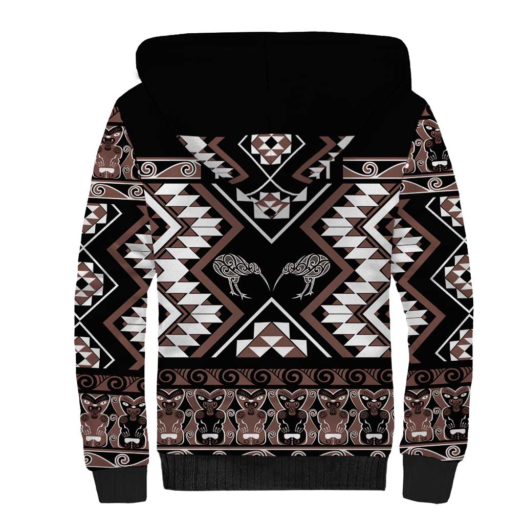 Personalised Taniko Motifs Aotearoa Sherpa Hoodie Waitangi Kowhaiwhai Kiwi - Mocha LT7 - Polynesian Pride