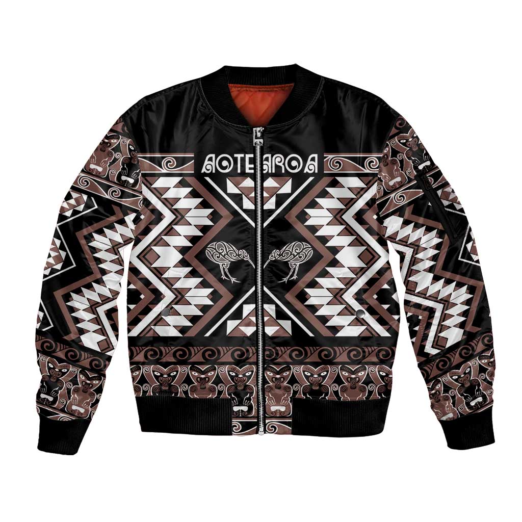 Personalised Taniko Motifs Aotearoa Sleeve Zip Bomber Jacket Waitangi Kowhaiwhai Kiwi - Mocha LT7 Unisex Mocha - Polynesian Pride