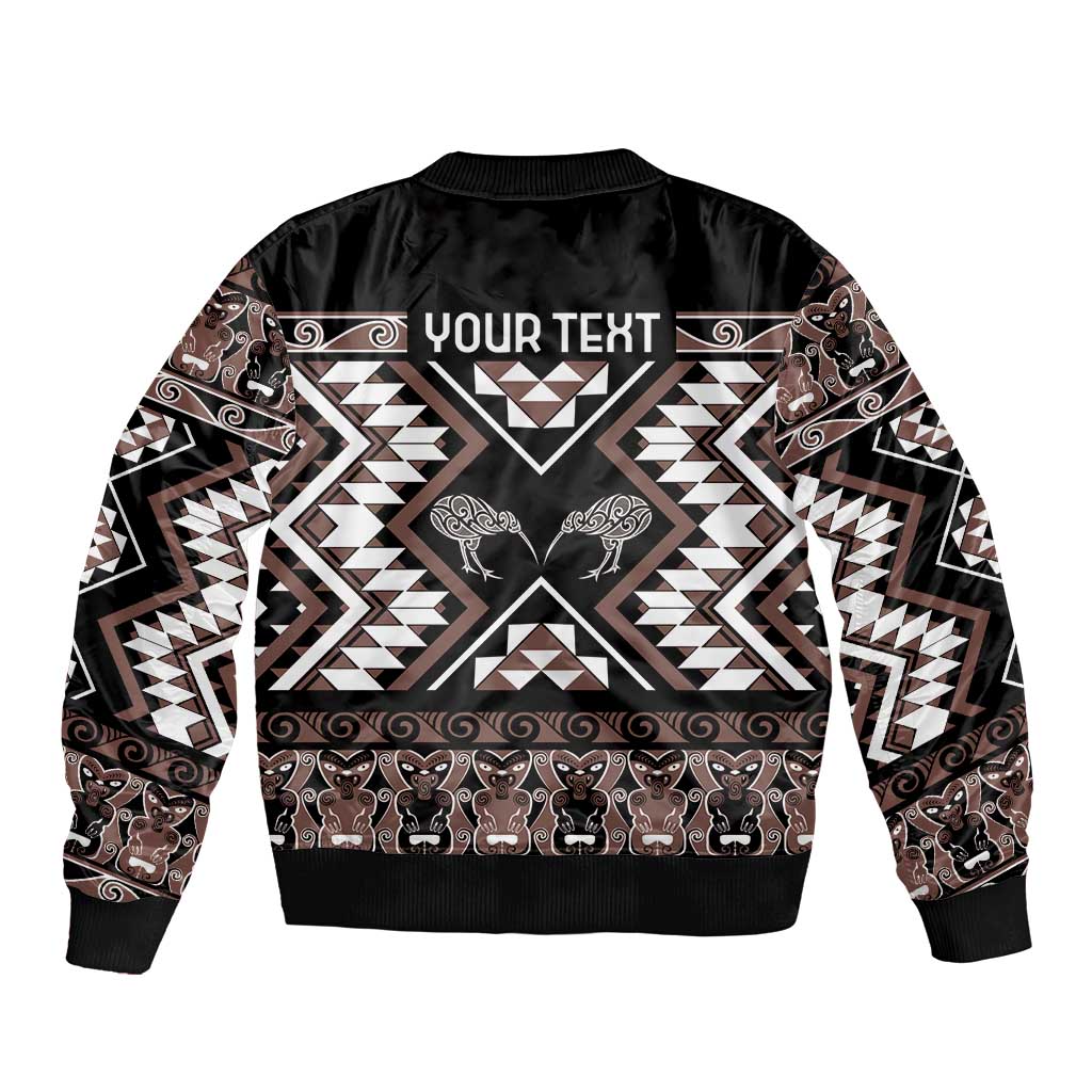 Personalised Taniko Motifs Aotearoa Sleeve Zip Bomber Jacket Waitangi Kowhaiwhai Kiwi - Mocha LT7 - Polynesian Pride