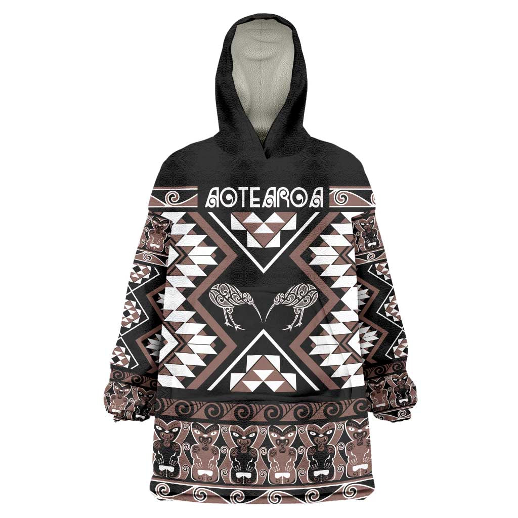 Personalised Taniko Motifs Aotearoa Wearable Blanket Hoodie Waitangi Kowhaiwhai Kiwi - Mocha LT7 One Size Mocha - Polynesian Pride