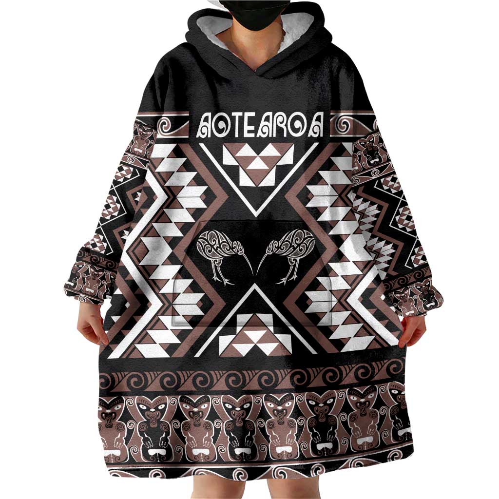 Personalised Taniko Motifs Aotearoa Wearable Blanket Hoodie Waitangi Kowhaiwhai Kiwi - Mocha LT7 - Polynesian Pride