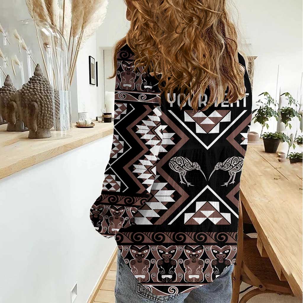 Personalised Taniko Motifs Aotearoa Women Casual Shirt Waitangi Kowhaiwhai Kiwi - Mocha LT7 - Polynesian Pride