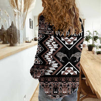 Personalised Taniko Motifs Aotearoa Women Casual Shirt Waitangi Kowhaiwhai Kiwi - Mocha LT7 - Polynesian Pride