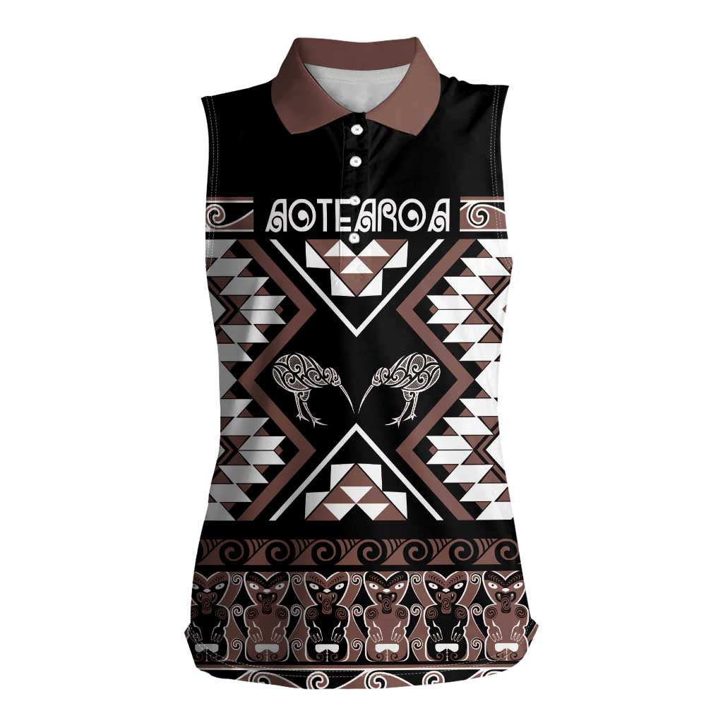 Personalised Taniko Motifs Aotearoa Women Sleeveless Polo Shirt Waitangi Kowhaiwhai Kiwi - Mocha LT7 Female Mocha - Polynesian Pride