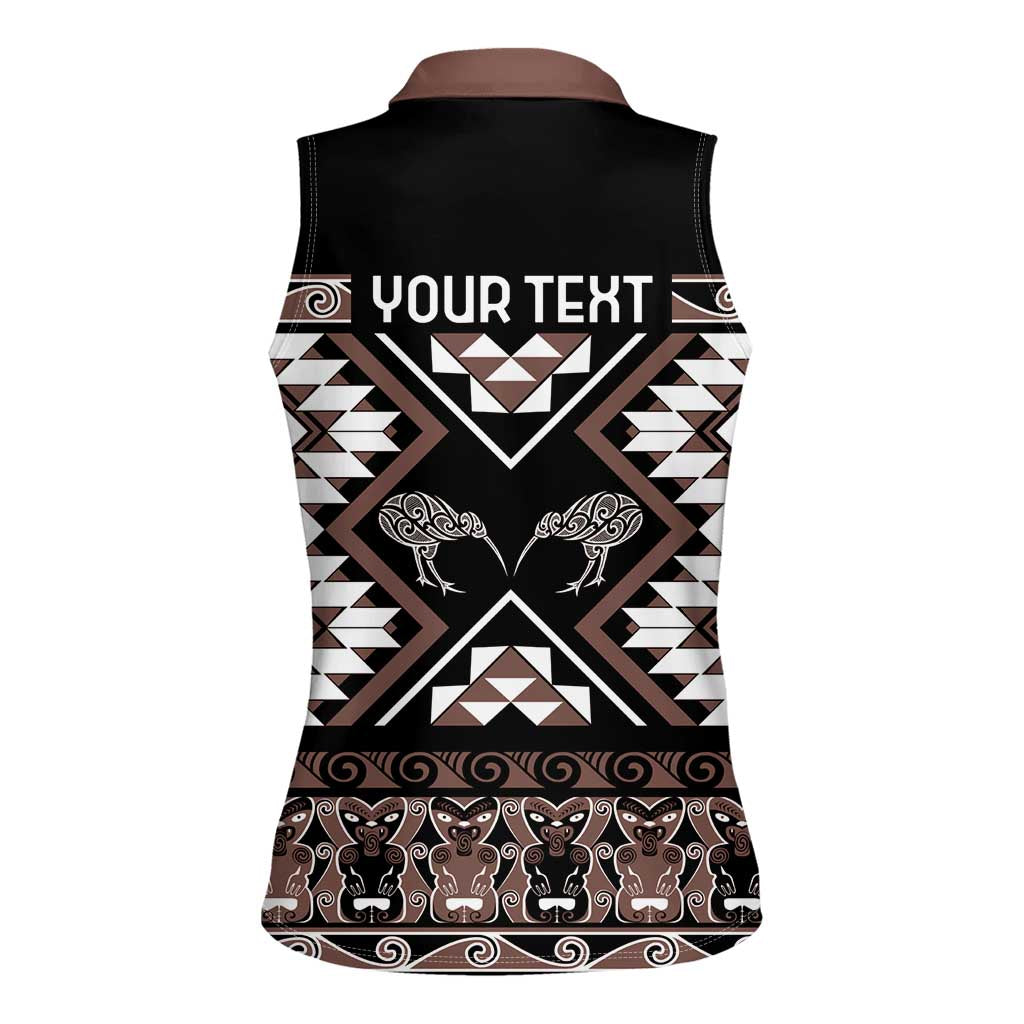 Personalised Taniko Motifs Aotearoa Women Sleeveless Polo Shirt Waitangi Kowhaiwhai Kiwi - Mocha LT7 - Polynesian Pride