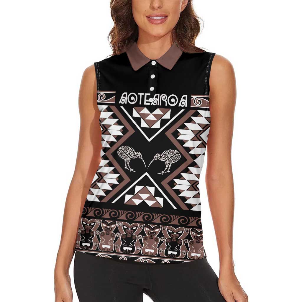 Personalised Taniko Motifs Aotearoa Women Sleeveless Polo Shirt Waitangi Kowhaiwhai Kiwi - Mocha LT7 - Polynesian Pride