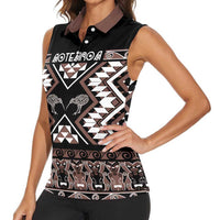 Personalised Taniko Motifs Aotearoa Women Sleeveless Polo Shirt Waitangi Kowhaiwhai Kiwi - Mocha LT7 - Polynesian Pride
