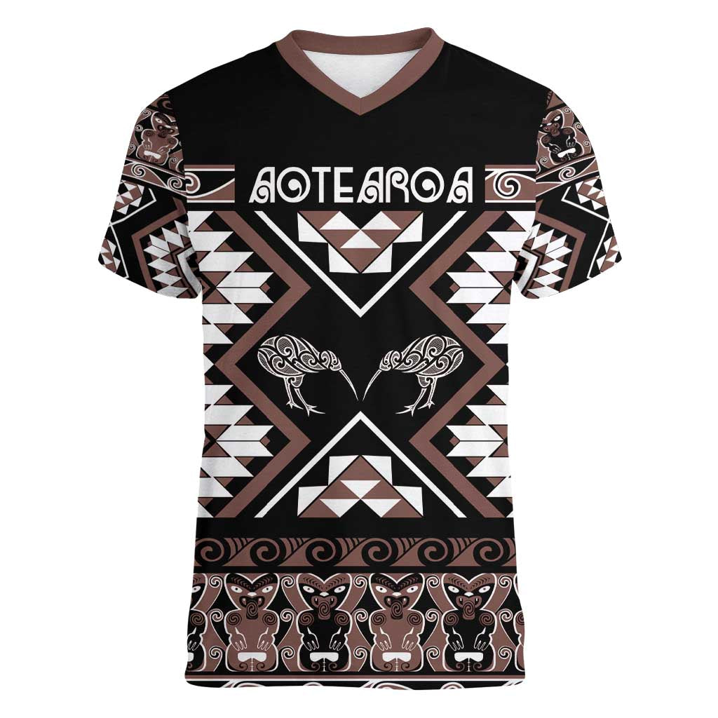 Personalised Taniko Motifs Aotearoa Women V-Neck T-Shirt Waitangi Kowhaiwhai Kiwi - Mocha LT7 Female Mocha - Polynesian Pride
