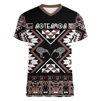 Personalised Taniko Motifs Aotearoa Women V-Neck T-Shirt Waitangi Kowhaiwhai Kiwi - Mocha LT7 Female Mocha - Polynesian Pride