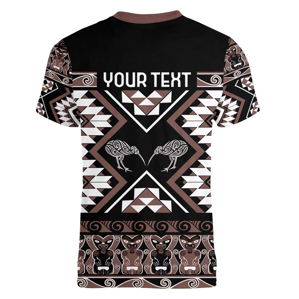Personalised Taniko Motifs Aotearoa Women V-Neck T-Shirt Waitangi Kowhaiwhai Kiwi - Mocha LT7 - Polynesian Pride