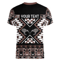 Personalised Taniko Motifs Aotearoa Women V-Neck T-Shirt Waitangi Kowhaiwhai Kiwi - Mocha LT7 - Polynesian Pride