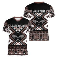 Personalised Taniko Motifs Aotearoa Women V-Neck T-Shirt Waitangi Kowhaiwhai Kiwi - Mocha LT7 - Polynesian Pride