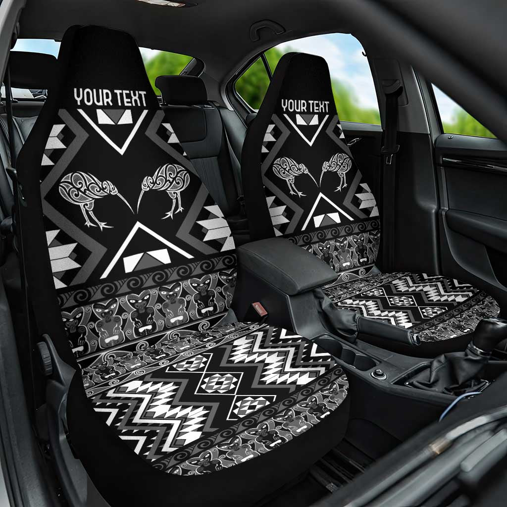 Personalised Taniko Motifs Aotearoa Car Seat Cover Waitangi Kowhaiwhai Kiwi - Monochrome LT7 One Size Grey - Polynesian Pride